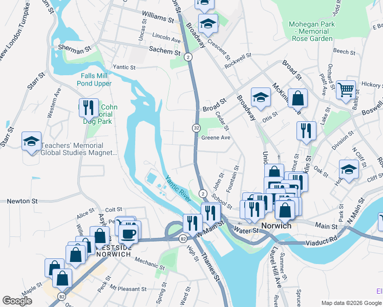 map of restaurants, bars, coffee shops, grocery stores, and more near 111 Washington Street in Norwich