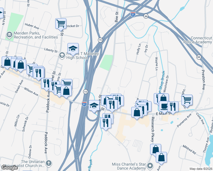 map of restaurants, bars, coffee shops, grocery stores, and more near 111 Bee Street in Meriden