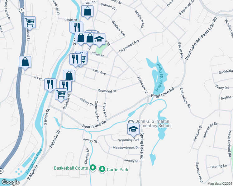 map of restaurants, bars, coffee shops, grocery stores, and more near 248 Raymond Street in Waterbury