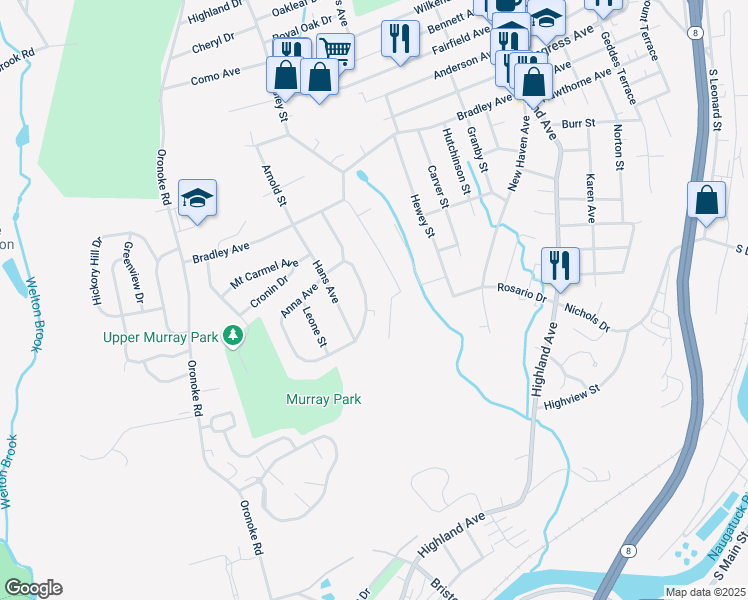 map of restaurants, bars, coffee shops, grocery stores, and more near 120 Lucille Street in Waterbury