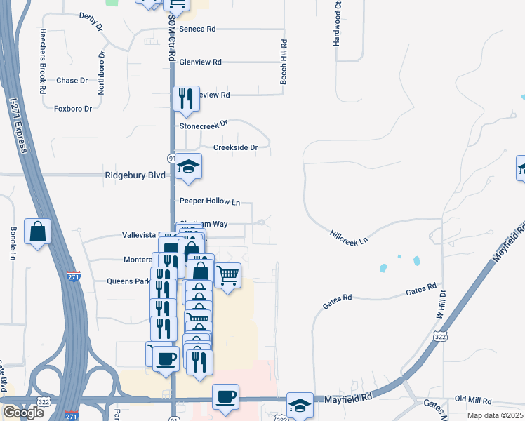 map of restaurants, bars, coffee shops, grocery stores, and more near 250 Chatham Way in Mayfield Heights