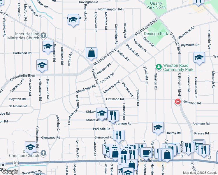 map of restaurants, bars, coffee shops, grocery stores, and more near 3912 Orchard Road in Cleveland Heights
