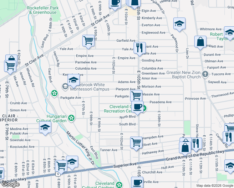map of restaurants, bars, coffee shops, grocery stores, and more near 10206 Pierpont Avenue in Cleveland