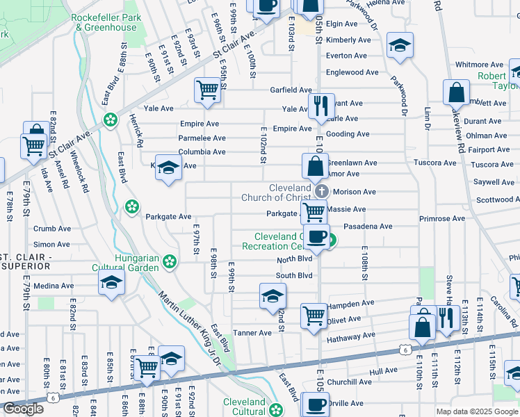 map of restaurants, bars, coffee shops, grocery stores, and more near 10014 Pierpont Avenue in Cleveland