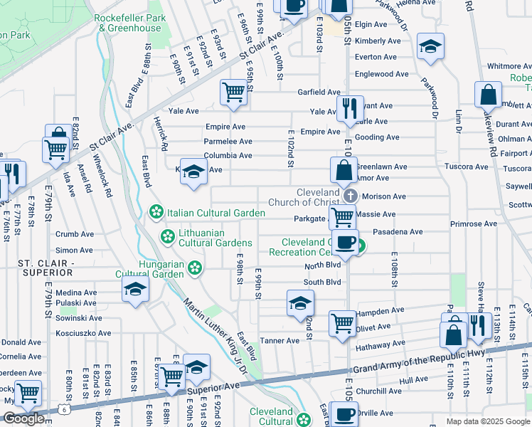 map of restaurants, bars, coffee shops, grocery stores, and more near 9806 Pierpont Avenue in Cleveland