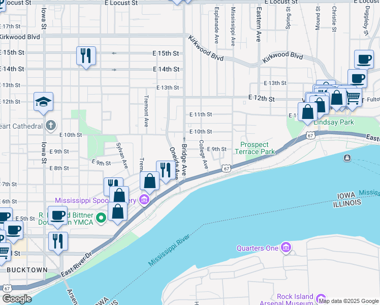 map of restaurants, bars, coffee shops, grocery stores, and more near 902 Bridge Avenue in Davenport