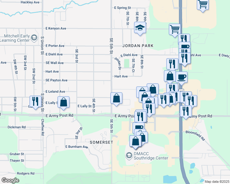 map of restaurants, bars, coffee shops, grocery stores, and more near 6151 Southeast 5th Street in Des Moines