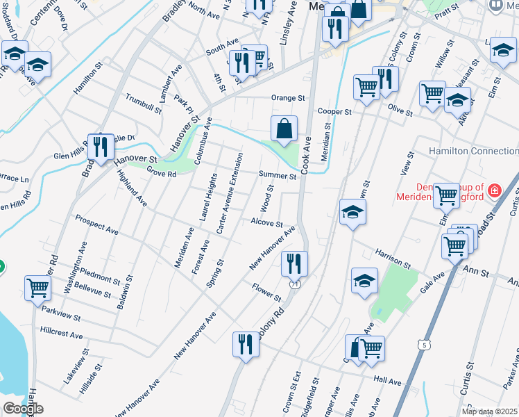 map of restaurants, bars, coffee shops, grocery stores, and more near 59 Wood Street in Meriden