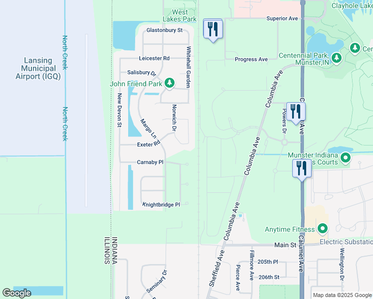 map of restaurants, bars, coffee shops, grocery stores, and more near 10143 Margo Lane in Munster