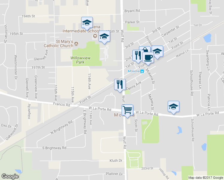 map of restaurants, bars, coffee shops, grocery stores, and more near 11246 Pin Oak Circle in Mokena