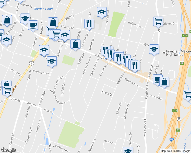 map of restaurants, bars, coffee shops, grocery stores, and more near 16 Carpenter Heights in Meriden