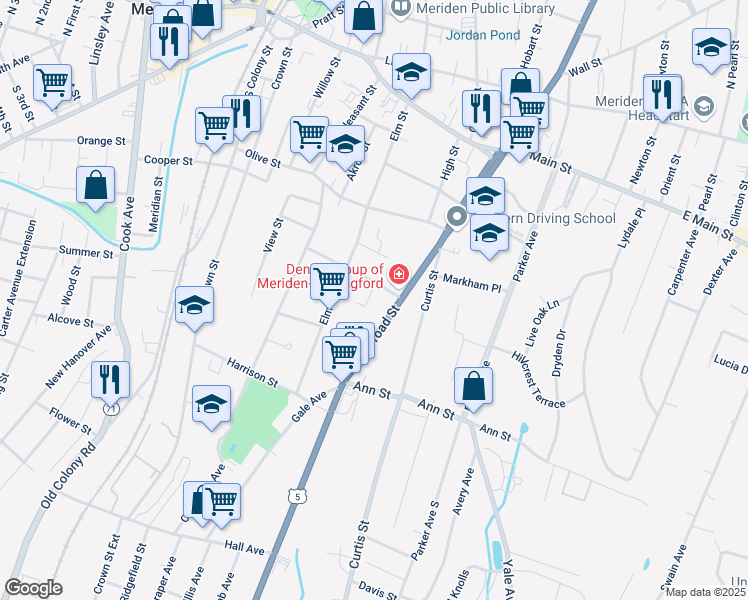 map of restaurants, bars, coffee shops, grocery stores, and more near 14 Woodley Court in Meriden