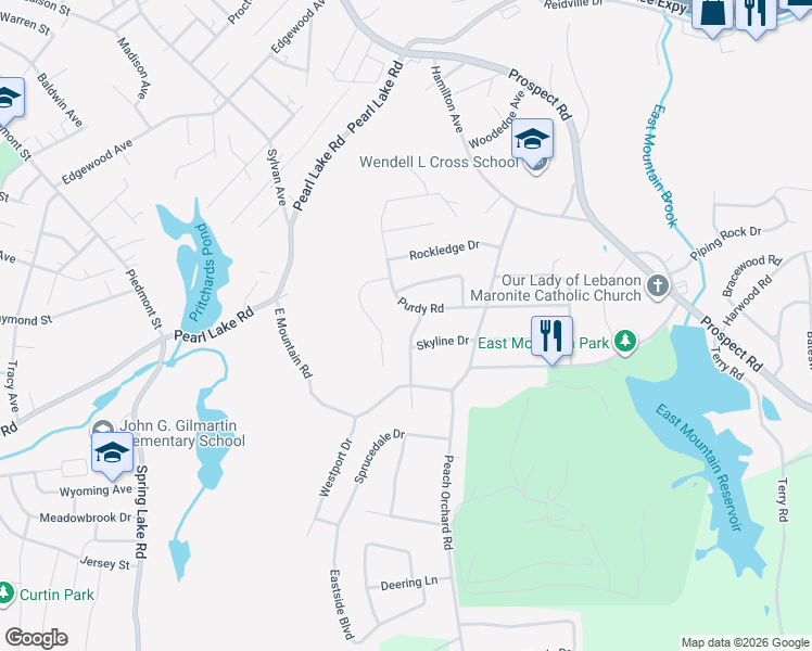 map of restaurants, bars, coffee shops, grocery stores, and more near 111 Purdy Road in Waterbury