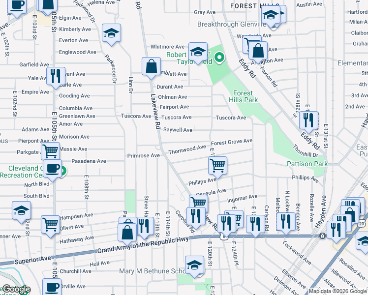 map of restaurants, bars, coffee shops, grocery stores, and more near 11610 Scottwood Avenue in Cleveland