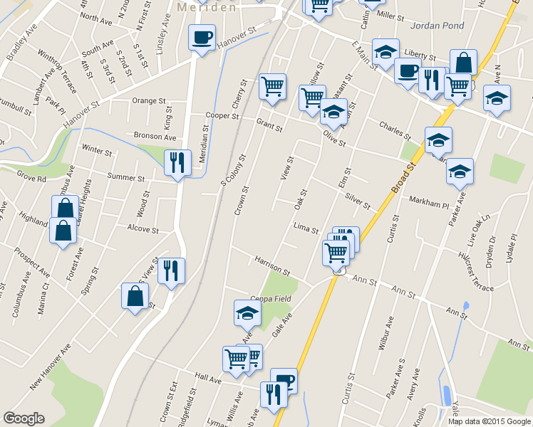 map of restaurants, bars, coffee shops, grocery stores, and more near 161 View Street in Meriden