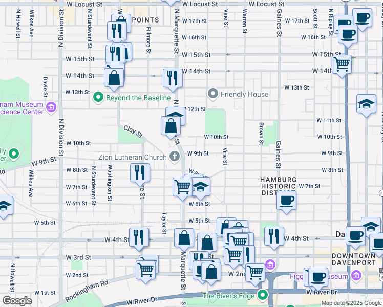 map of restaurants, bars, coffee shops, grocery stores, and more near West 9th Street in Davenport