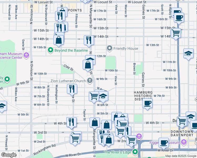 map of restaurants, bars, coffee shops, grocery stores, and more near West 9th Street in Davenport