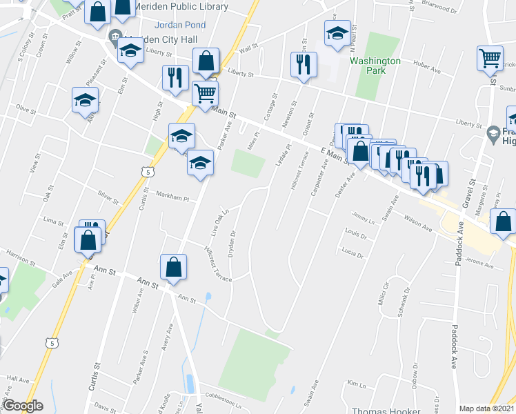 map of restaurants, bars, coffee shops, grocery stores, and more near 129 Lydale Place in Meriden