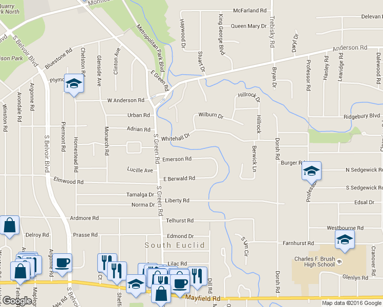 map of restaurants, bars, coffee shops, grocery stores, and more near 4525 Emerson Road in South Euclid
