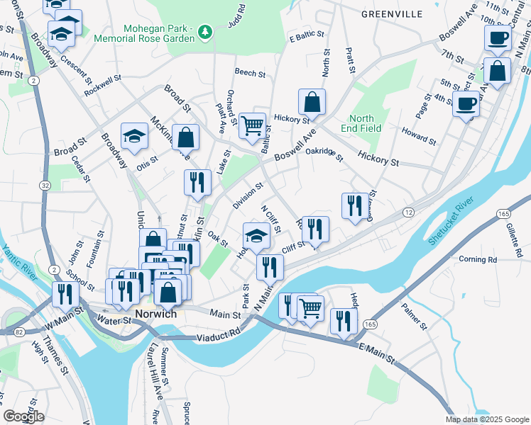 map of restaurants, bars, coffee shops, grocery stores, and more near 70 North Cliff Street in Norwich