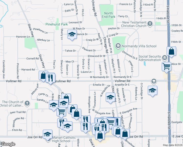 map of restaurants, bars, coffee shops, grocery stores, and more near 184 Laura Lane in Chicago Heights