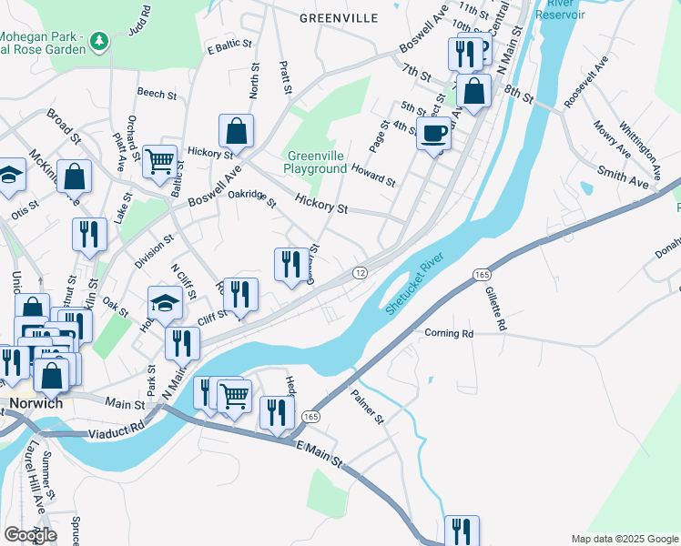 map of restaurants, bars, coffee shops, grocery stores, and more near 32 Central Avenue in Norwich