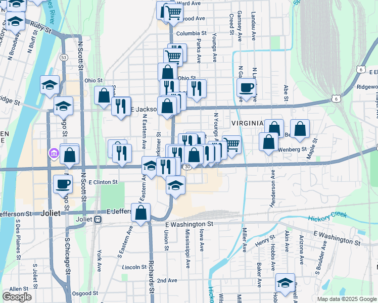 map of restaurants, bars, coffee shops, grocery stores, and more near 210 Casseday Avenue in Joliet
