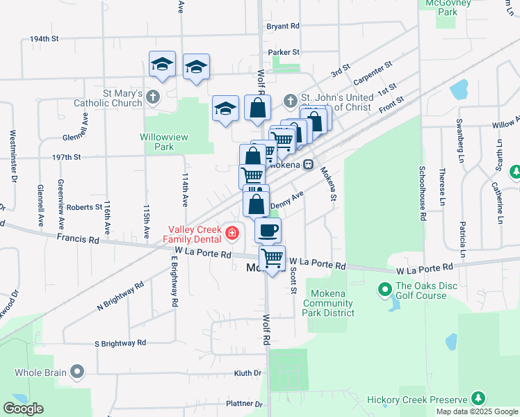 map of restaurants, bars, coffee shops, grocery stores, and more near 19820a Wolf Road in Mokena