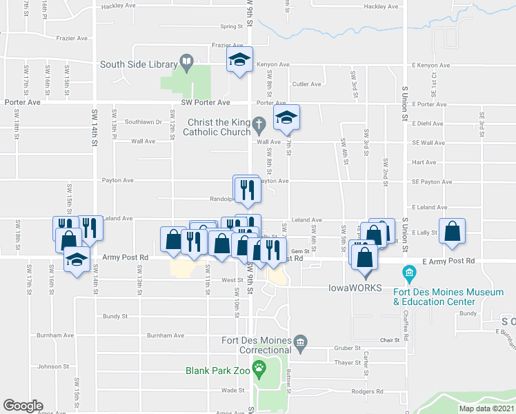 map of restaurants, bars, coffee shops, grocery stores, and more near 6107 Southwest 9th Street in Des Moines