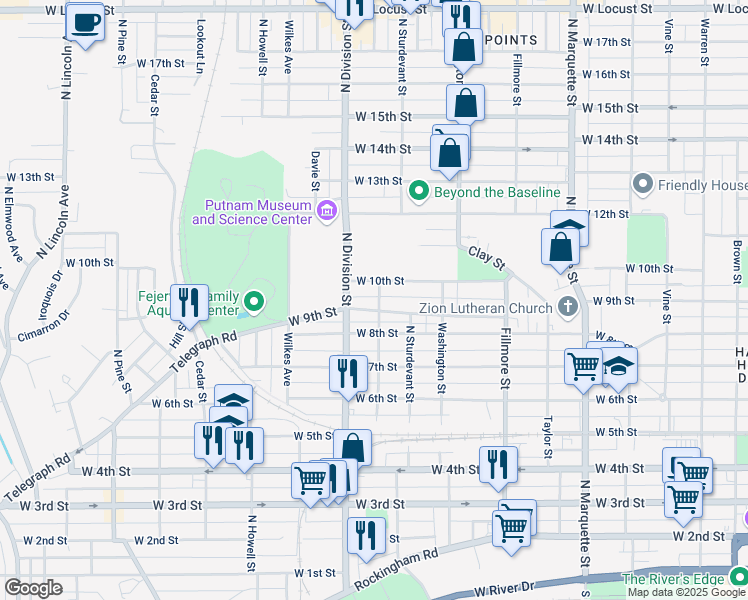 map of restaurants, bars, coffee shops, grocery stores, and more near 912 Madison Street in Davenport