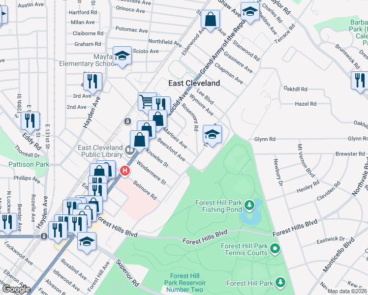 map of restaurants, bars, coffee shops, grocery stores, and more near 1862 Marloes Avenue in East Cleveland