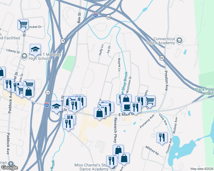 map of restaurants, bars, coffee shops, grocery stores, and more near 130 Maple Avenue in Meriden