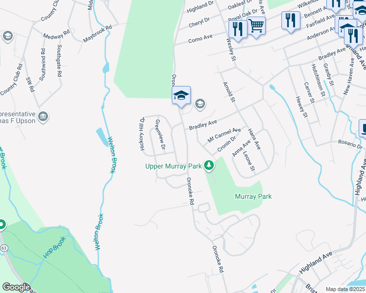 map of restaurants, bars, coffee shops, grocery stores, and more near 89 Meadow Lark Drive in Waterbury
