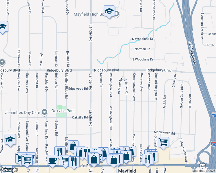 map of restaurants, bars, coffee shops, grocery stores, and more near 1156 Washington Boulevard in Mayfield Heights