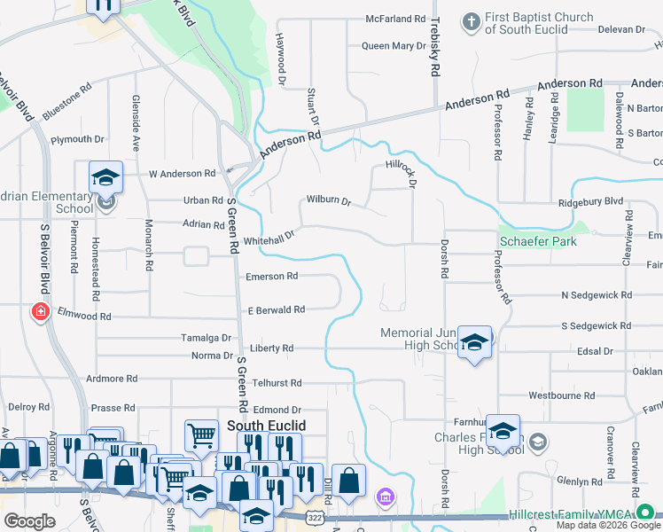 map of restaurants, bars, coffee shops, grocery stores, and more near 4557 Emerson Road in South Euclid