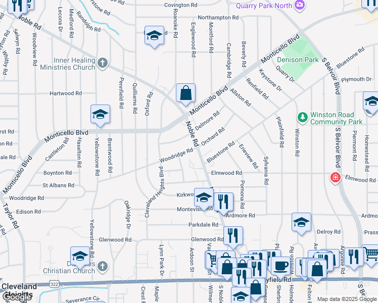 map of restaurants, bars, coffee shops, grocery stores, and more near 2676 Noble Road in Cleveland Heights