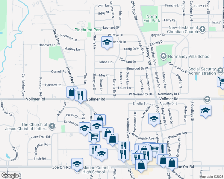 map of restaurants, bars, coffee shops, grocery stores, and more near 175 Thelma Lane in Chicago Heights