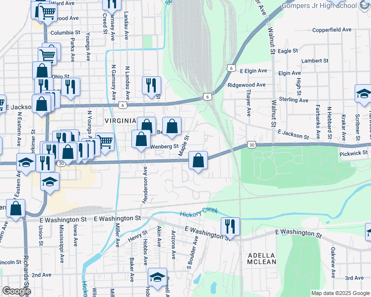 map of restaurants, bars, coffee shops, grocery stores, and more near 212 Maple Street in Joliet
