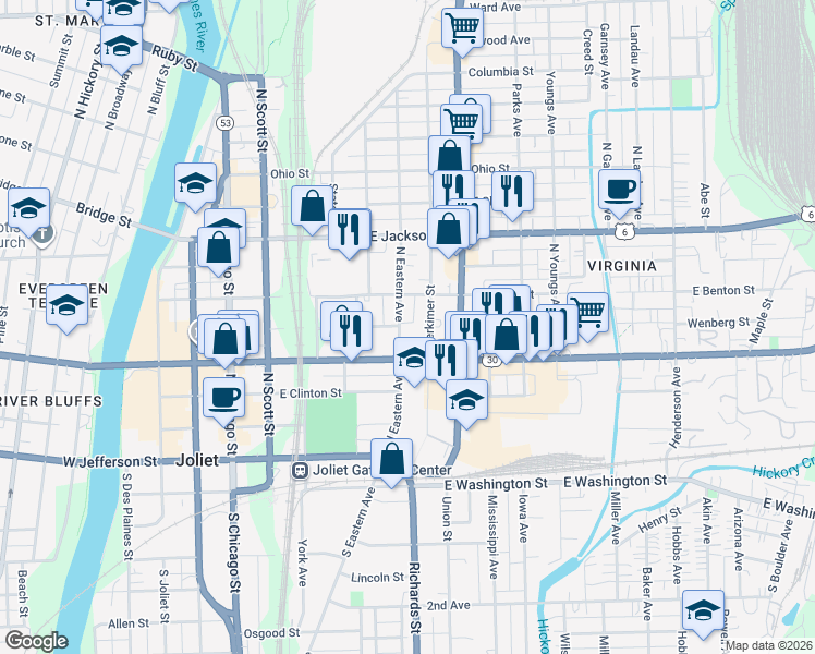 map of restaurants, bars, coffee shops, grocery stores, and more near 213 Herkimer Street in Joliet