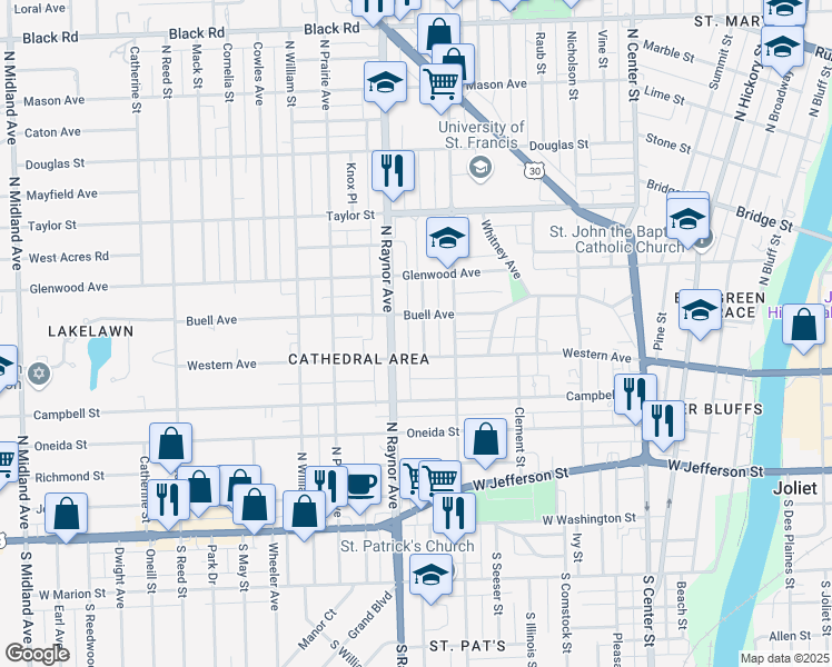 map of restaurants, bars, coffee shops, grocery stores, and more near 310 Whittier Avenue in Joliet