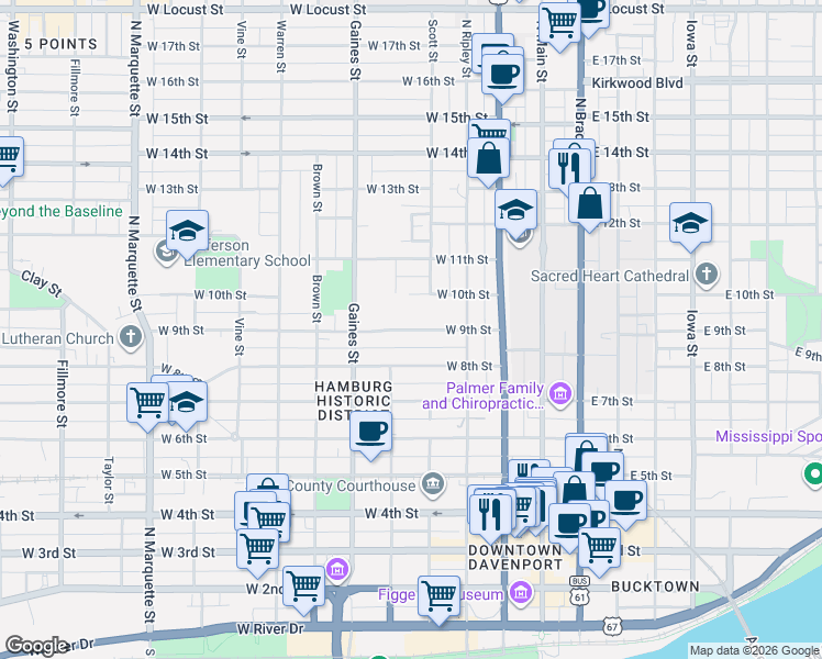 map of restaurants, bars, coffee shops, grocery stores, and more near 518 W 9th St in Davenport