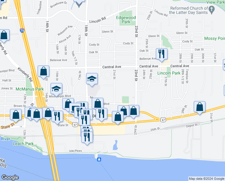 map of restaurants, bars, coffee shops, grocery stores, and more near 636 21st Street in Bettendorf