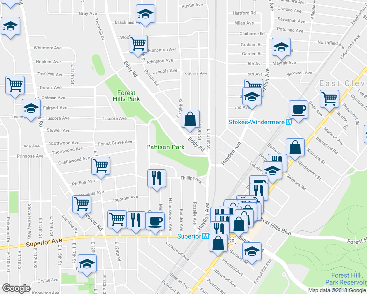 map of restaurants, bars, coffee shops, grocery stores, and more near 1093 Thornhill Drive in Cleveland