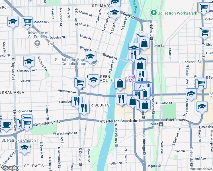 map of restaurants, bars, coffee shops, grocery stores, and more near 316 Spring Street in Joliet