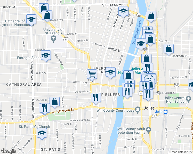 map of restaurants, bars, coffee shops, grocery stores, and more near 312 Pine Street in Joliet