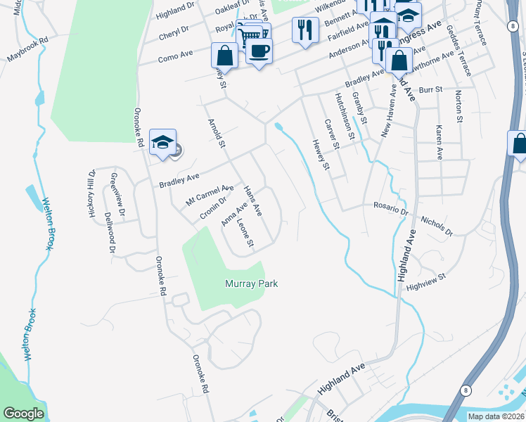 map of restaurants, bars, coffee shops, grocery stores, and more near 97 Hans Avenue in Waterbury