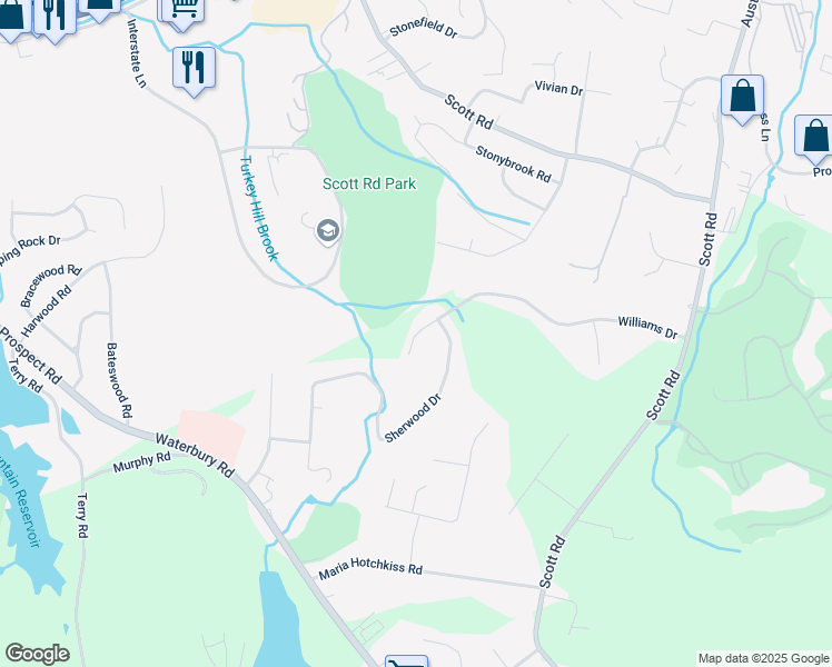 map of restaurants, bars, coffee shops, grocery stores, and more near Hughes Court in Prospect