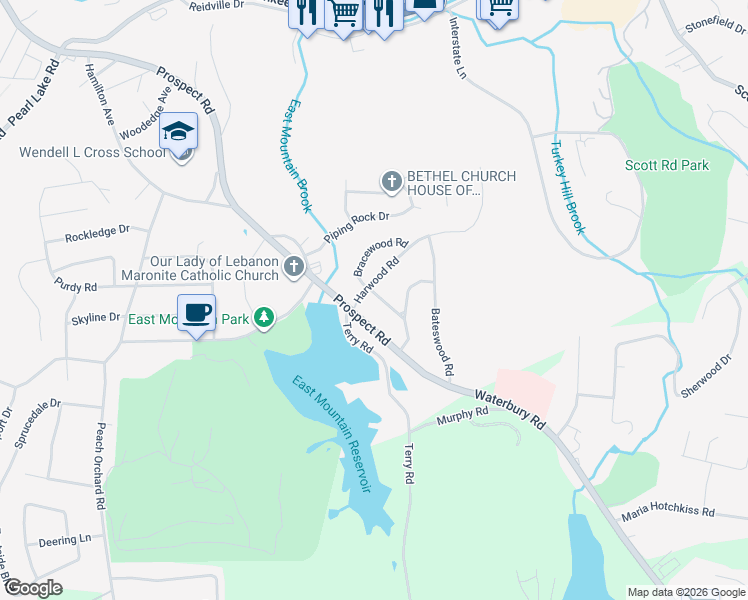map of restaurants, bars, coffee shops, grocery stores, and more near 45 Bracewood Road in Waterbury
