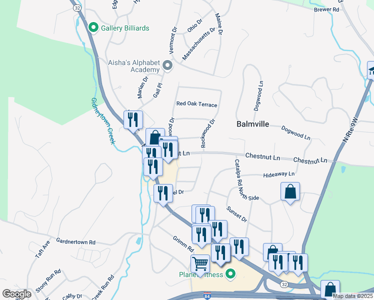map of restaurants, bars, coffee shops, grocery stores, and more near 76 Chestnut Lane in Newburgh