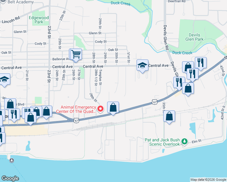 map of restaurants, bars, coffee shops, grocery stores, and more near 709 30th Street in Bettendorf